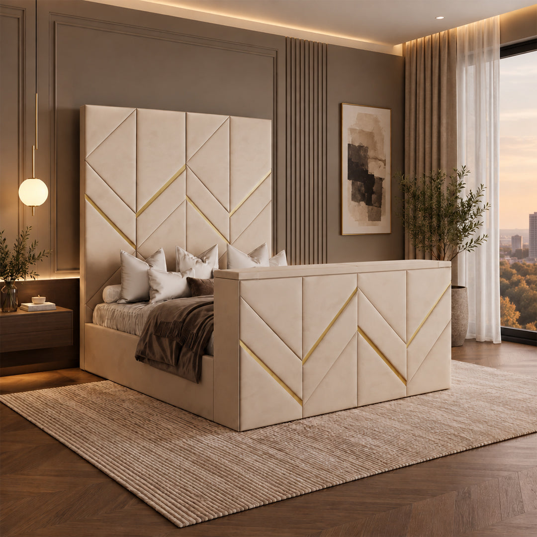 Balmoral Upholstered TV Bed Frame with Geometric Headboard