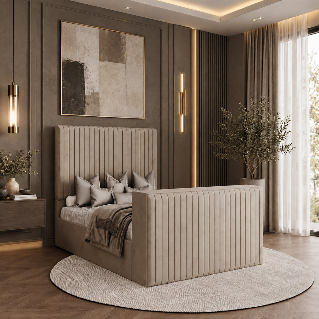 Hampton Upholstered TV Bed Frame with Striped Headboard and Storage Option