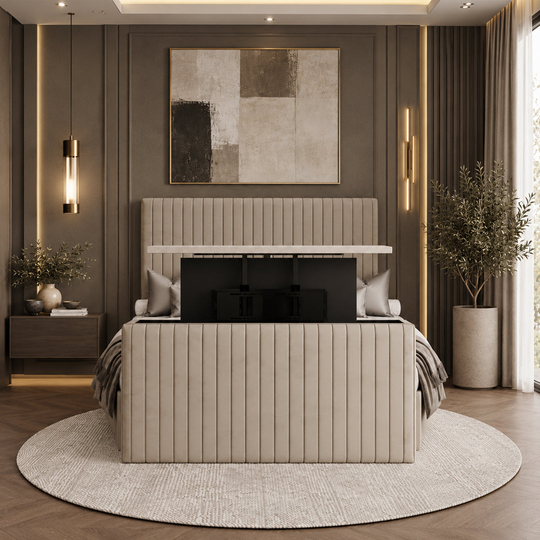 Hampton Upholstered TV Bed Frame with Striped Headboard and Storage Option