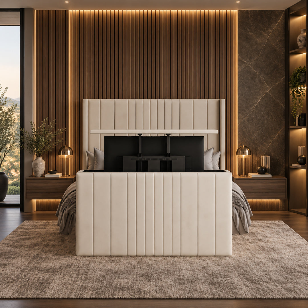 Kingsley Upholstered TV Bed Frame with Winged Striped Headboard