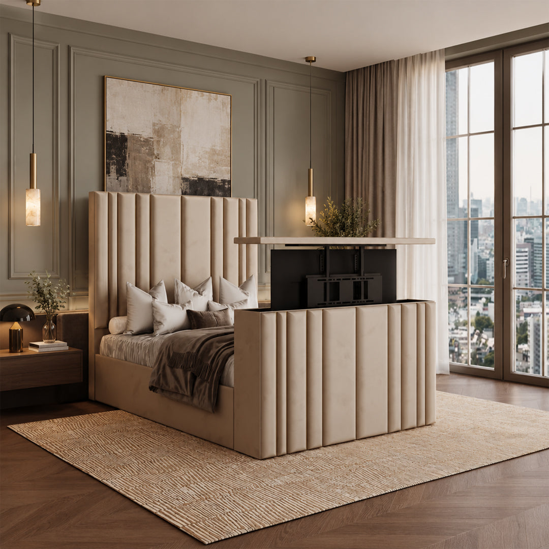 Kensington Upholstered TV Bed Frame with Metallic Trim