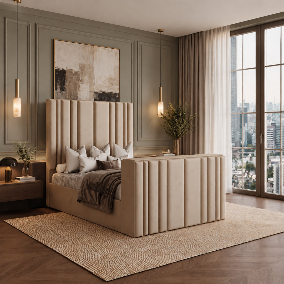 Kensington Upholstered TV Bed Frame with Metallic Trim
