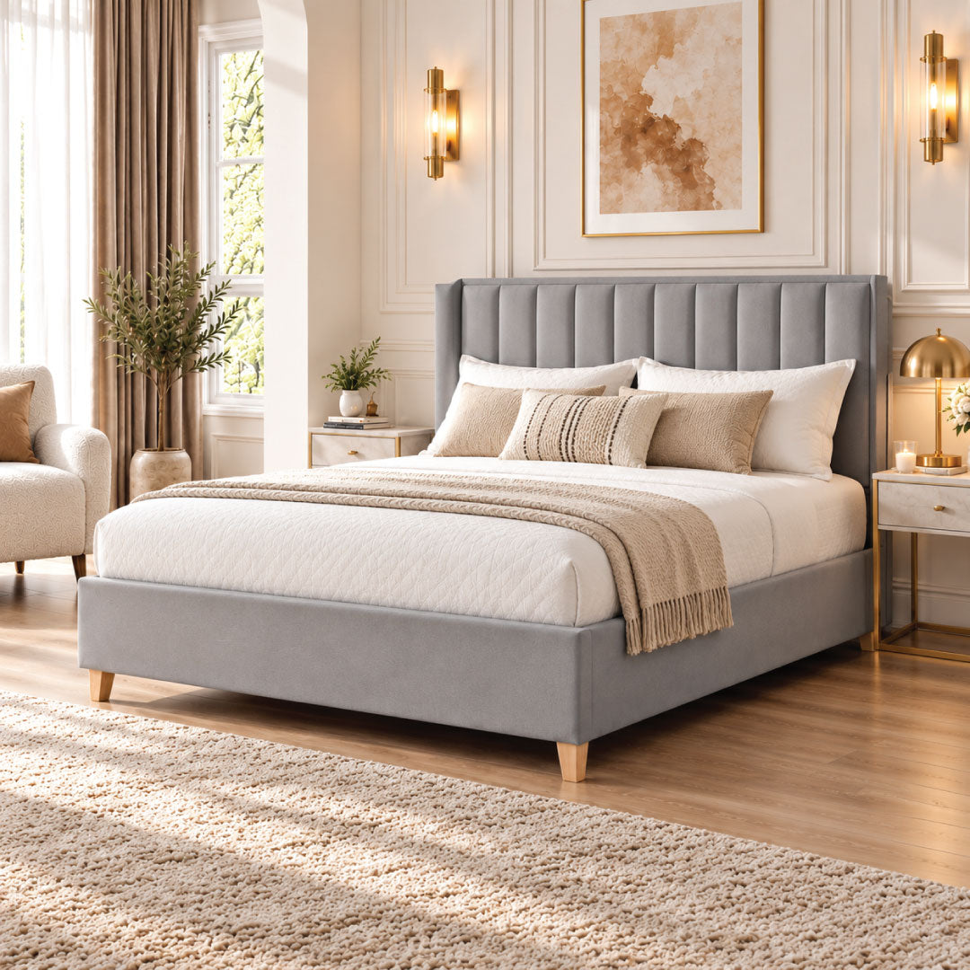 Nolan Grey Velvet Ottoman Bed