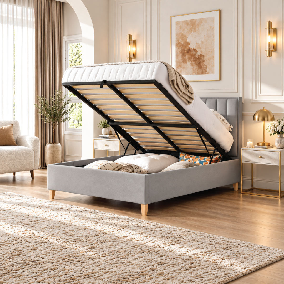 Nolan Grey Velvet Ottoman Bed