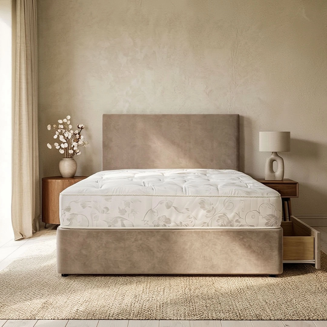 white fabric divan Super Beds 2026 Beatrice Beige Fabric Upholstered Divan Bed Frame with Drawer Storage in Modern Bedroom
