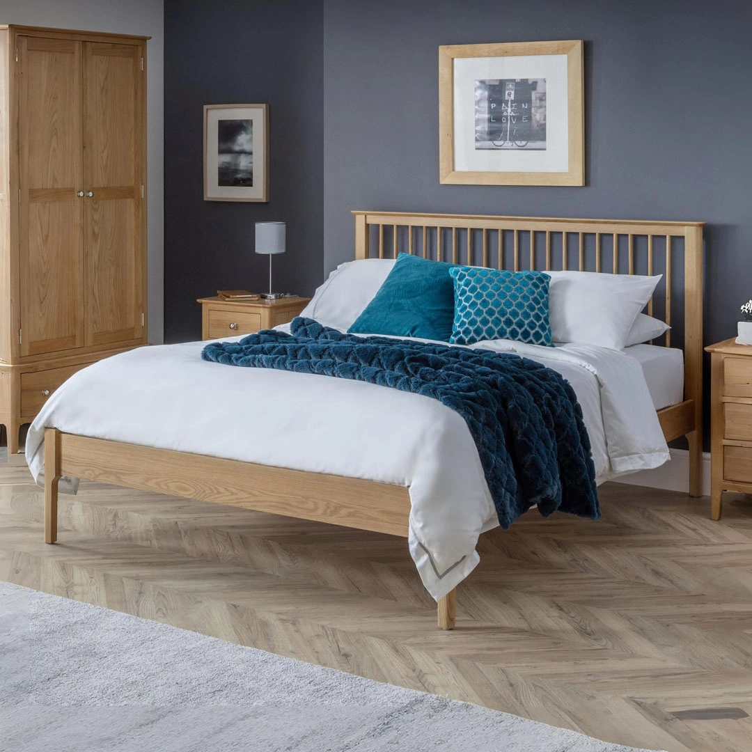 Cotswold Bed Super Beds 2026 Cotswold Bed oak wood bed frame in styled bedroom with teal bedding